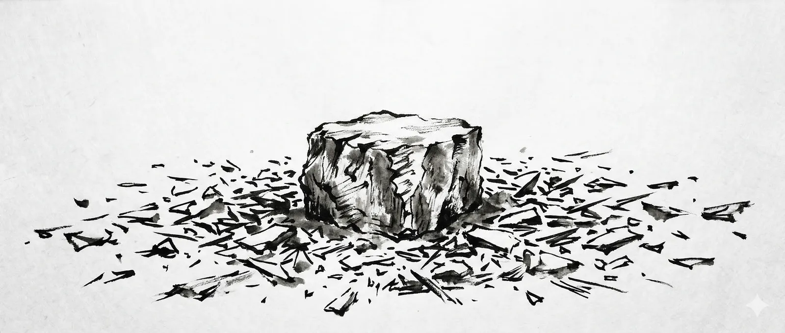 A rough block of stone surrounded by scattered fragments and chisel marks, the removed pieces more prominent than the form that remains